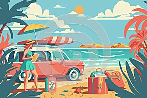 Girl with a book on the beach near a retro car with vacation bags. Summer vacation flat vector illustration