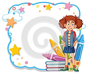 A girl with books and colorful frame design