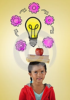 Girl with books on head and light bulb cogs graphics