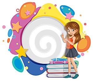 A girl with books beside a vibrant, decorative frame