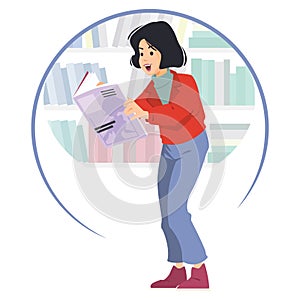 Girl in bookstore. Illustration for internet and mobile website