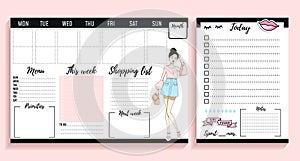 Girl boss weekly and daily planner design with fashion elements and young women