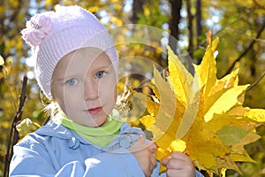 The girl with a bouquet of maple leaves in autumn park