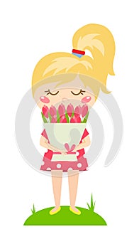 Girl with bouquet vector illustration.
