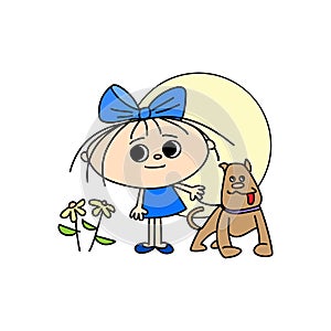 Girl with a bow, flowers and a dog, hand-drawn cartoon