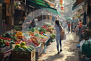 girl with a box of vegetables on a street lined with food vendors. The vendors are selling all kinds of goods, and there