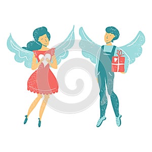 Girl and boy angel character holds the heart and gift. Flat style illustration. Valentine`s day greeting card. Couple