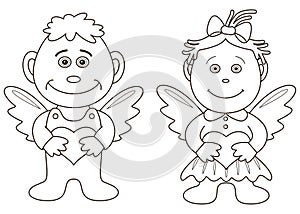 Girl and boy angels with hearts, contours photo