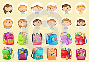 Girl and Boy, Backpack Sticker, Chancellery Vector