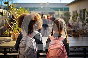 girl and boy with backpacks, children go to school, back view generative ai