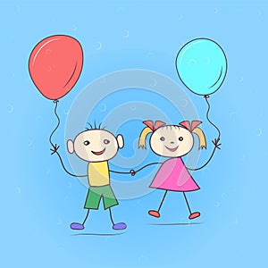 Girl and boy with balloons. Hand drawing.