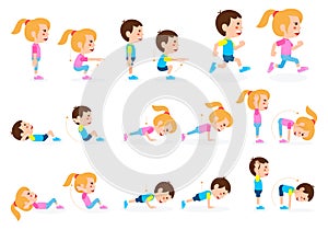 Girl and boy children fitness exercise set.