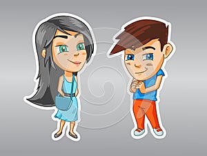 Girl and boy cleverly smiling, cartoon stickers with emotions