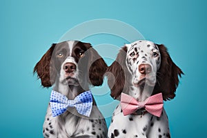 Girl and Boy Dog English Setter with bow tie on Blue background. Male or Female Gender of the Dog, Generative AI