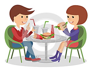 Girl and boy eating fast food. Vector illustration of a people at table with sandwiches drinks.