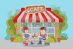 Girl and boy eating fast food. Vector illustration of a people at table with sandwiches drinks.