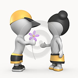Girl and boy with flower 3D illustration