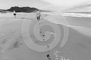 Girl Boy Footprints Walking Beach Ocean Vintage