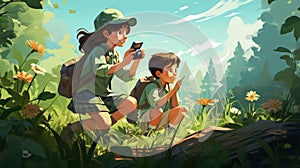 Girl and boy in the forest with a backpack and a map