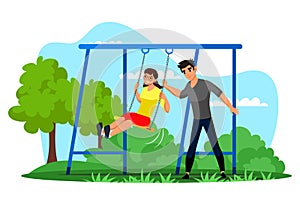 Girl and boy friend having fun on swing in park