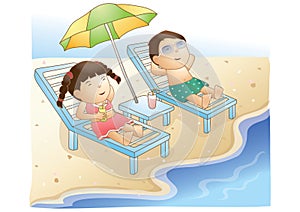 girl and boy having sunbath on beach. Vector illustration decorative design