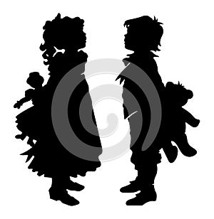 Girl and Boy Holding Teddy Bear and Doll Black Silhouette