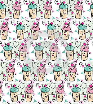Girl and boy ice cream character and cherry, pink heart. The boy gives the cherry to the girl. Seamless green pink beige