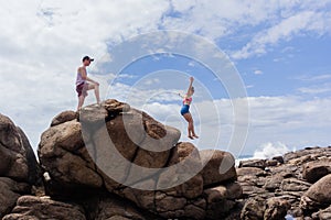 Girl Boy Jumping Explore Beach Rocks