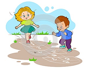 Girl and boy are jumping while playing hopscotch. Vector illustration in cartoon stylle