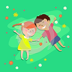 Girl and boy lying on the grass, vector cartoon illustration