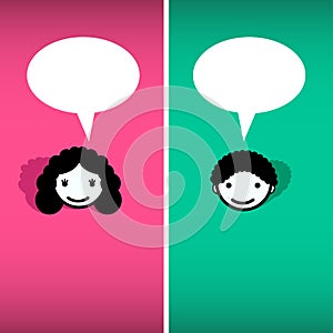 Girl and boy, man and woman speech bubbles. Vector flat illustration.