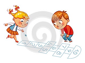 Girl and boy play in Hopscotch