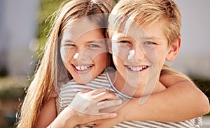 Girl, boy and portrait in family, smile and happy siblings in home backyard, garden and hug together. Kids, brother and