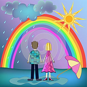 Girl, boy , rainbow illustration