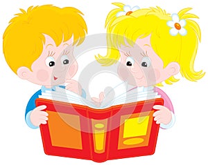Girl and boy read a book