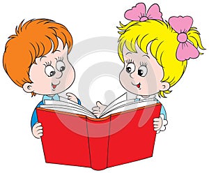 Girl and boy reading the red book