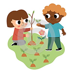 Girl and boy seeding plant icon. Cute eco friendly kids. Children planting a tree. Earth day or healthy lifestyle concept. Funny