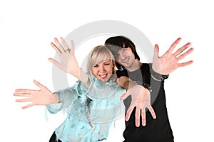 Girl and boy show gestures by hands