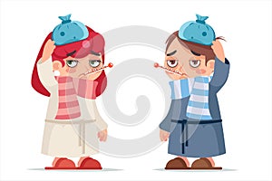 Girl and boy sick ill cold virus flu disease illness infection cartoon design character vector illustration