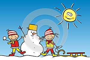 Girl and boy with sledge, funny vector illustration