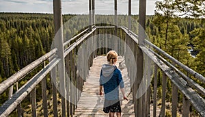 Girl and boy standing on the observation tower the Viru bog.