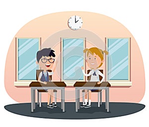 girl and boy students in the desk with uniform and clock
