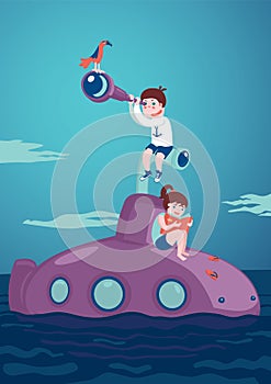 Girl and boy on a submarine