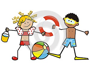 Girl and boy on the swimming pool, vector illustration