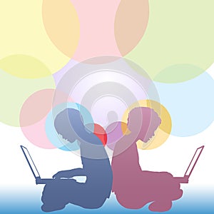 Girl boy use laptops abstract circles background