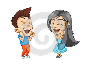 Girl and boy are very happy, laughing with pleasure, stickers with emotions