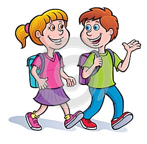 Girl, and Boy Walking with Backpacks On