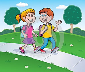 Girl and Boy Walking from School with Backpacks