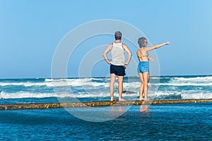 Girl Boy Watching Pool Ocean Waves