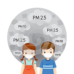 Girl And Boy Wearing Air Pollution Mask For Protect Dust PM2.5, PM10, Smoke, Smog